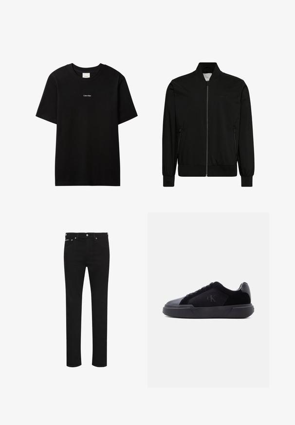 Sort bomberjakke med frontlynlås, ribbet krave, manchetter og kant samt lynlåslommer i siderne.; Sort bomulds-T-shirt med rund hals og korte ærmer. Har en lille hvid "Calvin Klein"-logo på forsiden. Glat, klassisk pasform.; Sorte slim-fit jeans med knap foran, bæltestropper og synlige forlommer, vist på hvid baggrund.; Sort lav sko med tyk sål, snørebånd foran og diskret "cK"-logo på sidespanden.