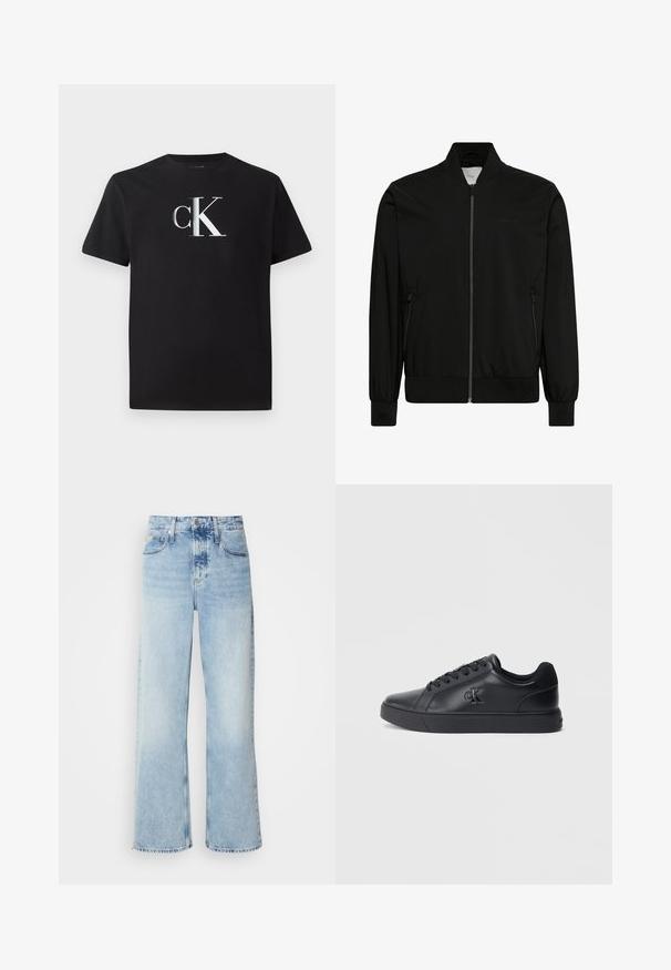 Schwarze Bomberjacke mit Frontreißverschluss, geripptem Kragen, Bündchen und Saum sowie seitlichen Reißverschlusstaschen.; Schwarzes Baumwoll-T-Shirt mit einem silbernen "ck"-Logo auf der Vorderseite. Kurzärmlig und mit einem runden Halsausschnitt in regulärer Passform.; Helle blaue weite Jeans mit hoher Taille, in verwaschenem Finish, mit Gürtelschlaufen und klassischem Fünf-Taschen-Design. Der Saum ist ungesäumt.; Schwarze Ledersneaker mit Schnürdesign, Gummisohle und geprägtem Logo an der Seite, mit einer glatten Textur und minimalistischem Stil.