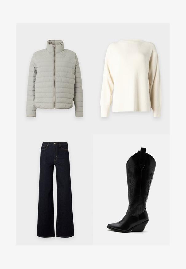 CLOSED QUILTED ZIP JACKET - Winterjacke - mud grey; Helles cremefarbenes, geripptes Sweater mit rundem Halsausschnitt, abgesenkten Schultern und langen Ärmeln. Aus weichem Strickstoff gefertigt.; Dunkelblaue weit geschnittene Jeans aus Denim, mit hoher Taille, Kontrastnähten und einem einzelnen Metallknopf vorne.; Schwarzer Leder-Cowboystiefel mit spitzer Zehe, schrägem Blockabsatz, dekorativer Naht und Zuglaschen oben vor weißem Hintergrund.