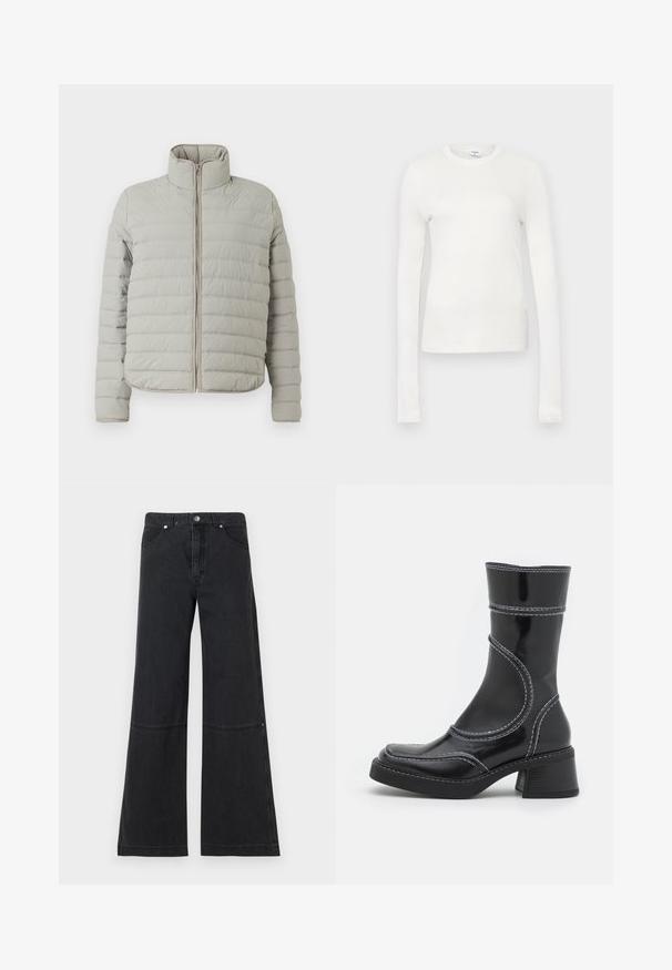 CLOSED QUILTED ZIP JACKET - Zimná bunda - mud grey; Biele tričko s dlhým rukávom vyrobené z jemnej bavlny. Má okrúhly výstrih, priliehavý strih a hladkú textúru. Bez vzorov alebo akcentov.; Čierne široké džínsy vyrobené z denimu, s vysokým pásom, prednými vreckami a diskrétnym švom na kolene. Zapínanie na kovový gombík.; Čierne lakované kožené členkové čižmy s bielym prešívaním, zaoblenou špičkou a blokovým podpätkom. Majú zakrivené línie dizajnu a hladkú textúru.