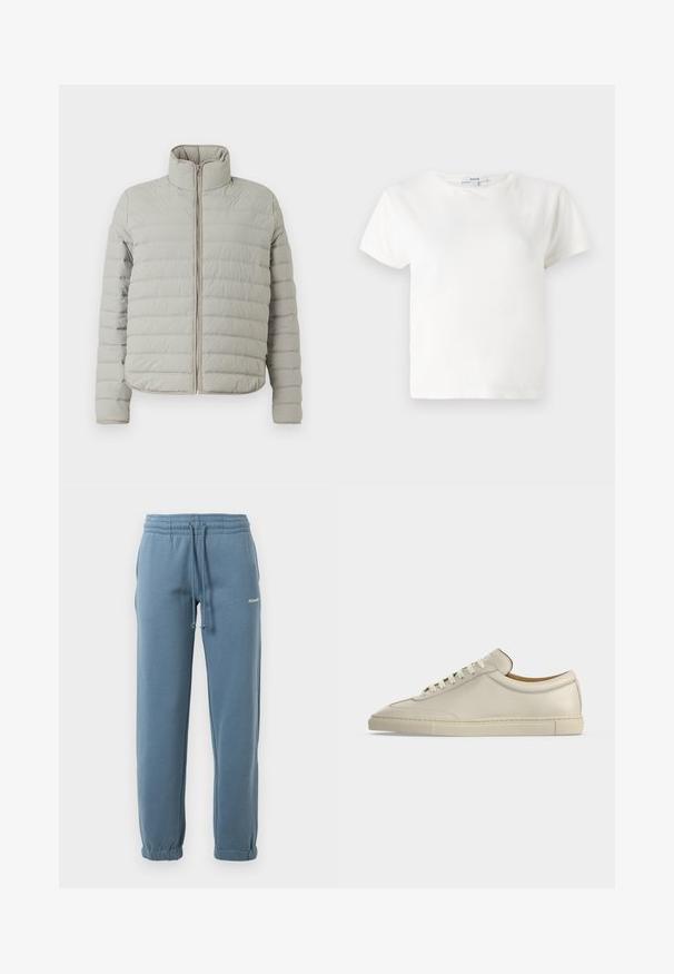 CLOSED QUILTED ZIP JACKET - Χειμωνιάτικο μπουφάν - mud grey; Λευκό βαμβακερό μπλουζάκι με κοντά μανίκια, στρογγυλή λαιμόκοψη και άνετη εφαρμογή. Ετικέτα ορατή στην κολονέ, ομαλή υφή. Απλό σχέδιο, χωρίς μοτίβα.; Γαλάζιο παντελόνι jogging με ελαστική μέση και ρυθμιζόμενο κορδόνι, πλαϊνές τσέπες, ελαστικούς μανσέτες και μικρό λευκό λογότυπο στο αριστερό μηρό.; Χαμηλά λευκά δερμάτινα αθλητικά παπούτσια με λευκά κορδόνια και υφασμένη λαστιχένια σόλα, εμφανιζόμενα από το πλάι σε απλό φόντο.