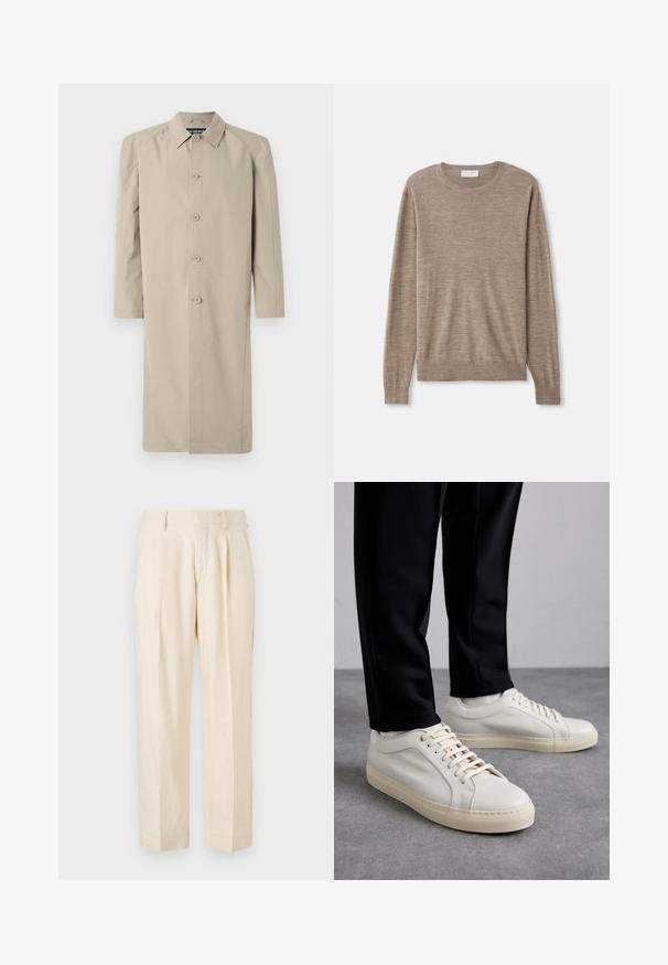 Manteau beige en tissu lisse et léger. Il présente un col, une fermeture à boutons sur le devant et des manches longues avec une coupe droite.; Pull beige en maille fine. Il a un col rond, des manches longues et des poignets et un ourlet côtelés. Design simple et classique.; NN.07 KAY - Pantalon classique - off white; Baskets en cuir beige clair avec des lacets plats, une surface texturée et une semelle en caoutchouc crème contrastante, associées à un pantalon noir fuselé.