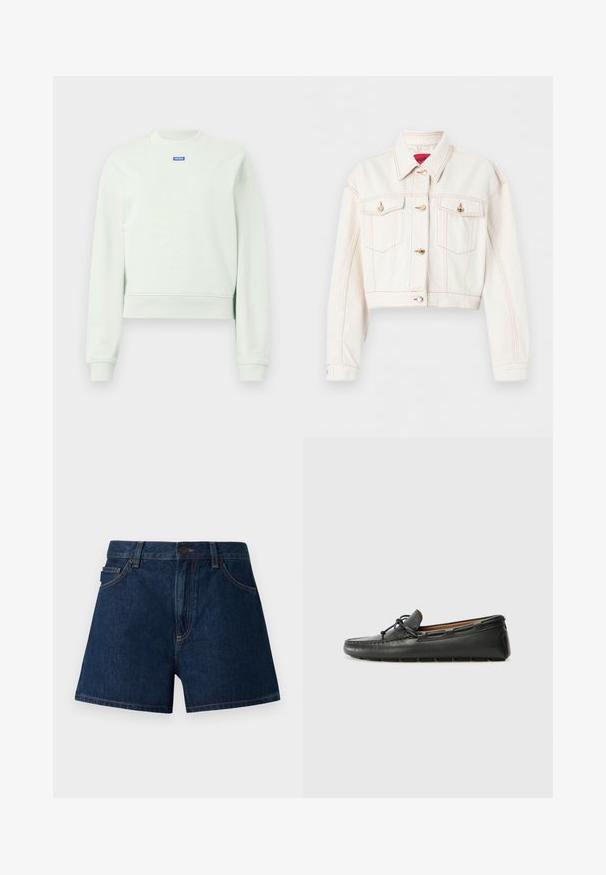 Witte korte spijkerjacks met lange mouwen, borstflappzakken, contrasterende stiknaden en gouden knoopsluitingen.; Lichtgroene longsleeve sweatshirt met ribgebreide manchetten, ribgebreide onderrand, ronde halslijn en een klein blauw "HUGO" logo gecentreerd onder de halslijn.; Donkerblauwe denim shorts. Voorzien van een klassieke snit met een tailleband, voorzakken en zichtbare naden. Soepele textuur, minimalistisch ontwerp.; Zwarte leren bootshoe met een ronde neus, gestikte details, een kleine strikaccent en een rubberen zool. Soepele textuur en gestroomlijnd ontwerp.