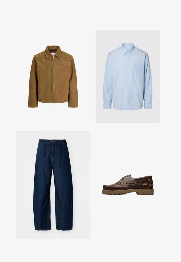 Veste en daim marron avec fermeture éclair devant, col pointu, manches longues et poches latérales, présentée sur fond blanc.; Chemise habillée bleu clair à manches longues avec fines rayures blanches verticales, devant à boutons, poche poitrine et col pointu sur fond uni.; Jean en denim foncé à jambes larges et taille haute, avec cinq poches, fermeture à l'avant par bouton et détails de couture visibles.; Chaussure bateau en cuir marron à lacets avec des détails cousus et une semelle en caoutchouc épaisse, vue de côté.