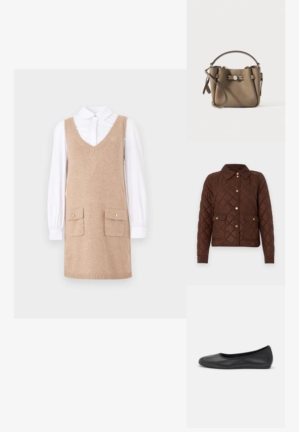 Chaqueta acolchada marrón con patrón de rombos, botones de presión dorados, cuello puntiagudo y dos bolsillos delanteros con solapas y cierre de botón.; Vestido de punto beige con escote en V, que presenta dos bolsillos frontales con botones dorados, superpuesto a una camisa blanca de manga larga.; Bailarina de piel negra con punta redondeada, textura suave, detalle de costura minimalista y diseño de suela flexible.; Pequeño bolso de cuero color topo con asa superior, correa de hombro desmontable y cierre de botón plateado en la parte frontal.
