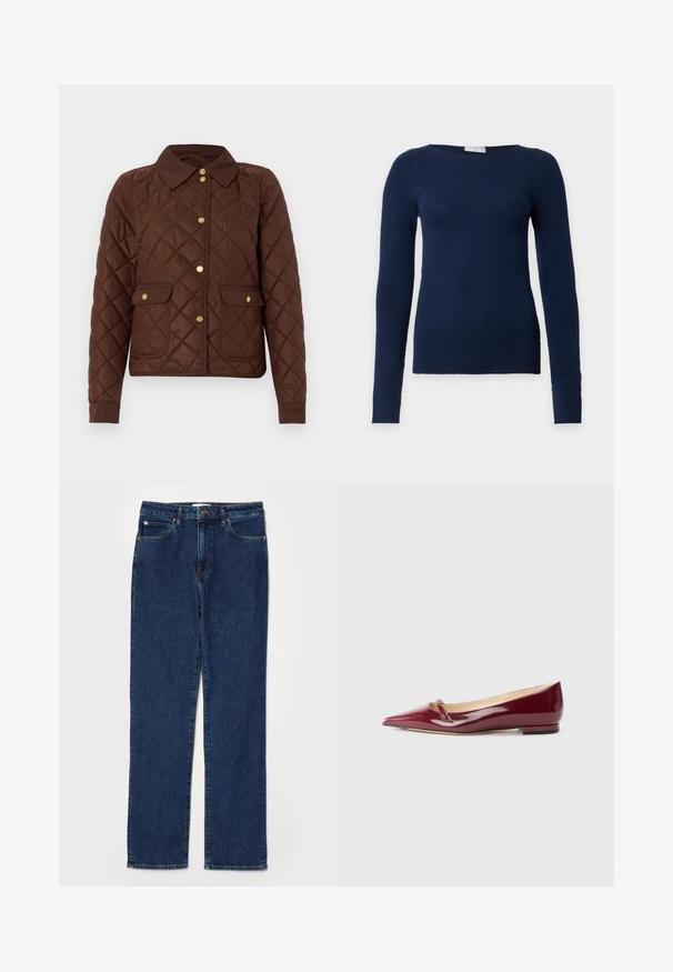 Brun quiltet jakke med diamantmønster, guldknapper med tryk, en spids krave og to forlommer med knaplukning.; Marineblå langærmet tætsiddende sweater med rund halsudskæring og finstrikket tekstur, vist på ensfarvet hvid baggrund.; Denim jeans i mørkeblå farve, lige ben design, fem-lommer stil, med en robust talje og synlige syning detaljer.; Bordeaux patenteret læderballerinaer med spids tå, der har en lille udskæring og en lav hæl. Glat tekstur og elegant design.