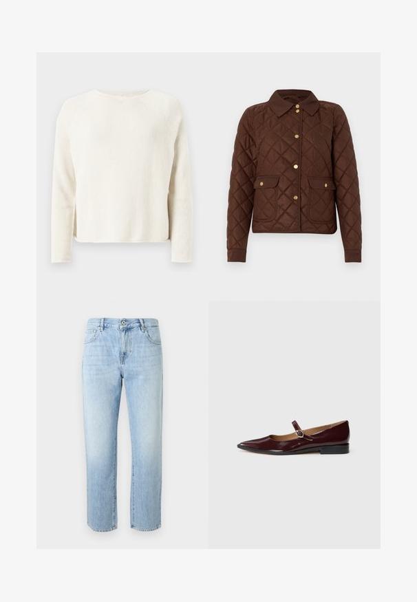 Veste matelassée marron avec motif losange, boutons-pression dorés, col pointu et deux poches avant à rabat avec fermetures à bouton.; Pull en tricot couleur crème à manches longues avec col rond et discrètes fentes latérales, présenté sur un fond gris clair.; Jeans bleu clair taille haute à jambe droite avec fermeture à bouton et fermeture éclair, poches avant et coutures visibles sur fond uni.; Ballerines en cuir verni bordeaux de type Mary Jane avec un bout pointu, un talon plat et une sangle décorative avec une boucle circulaire.
