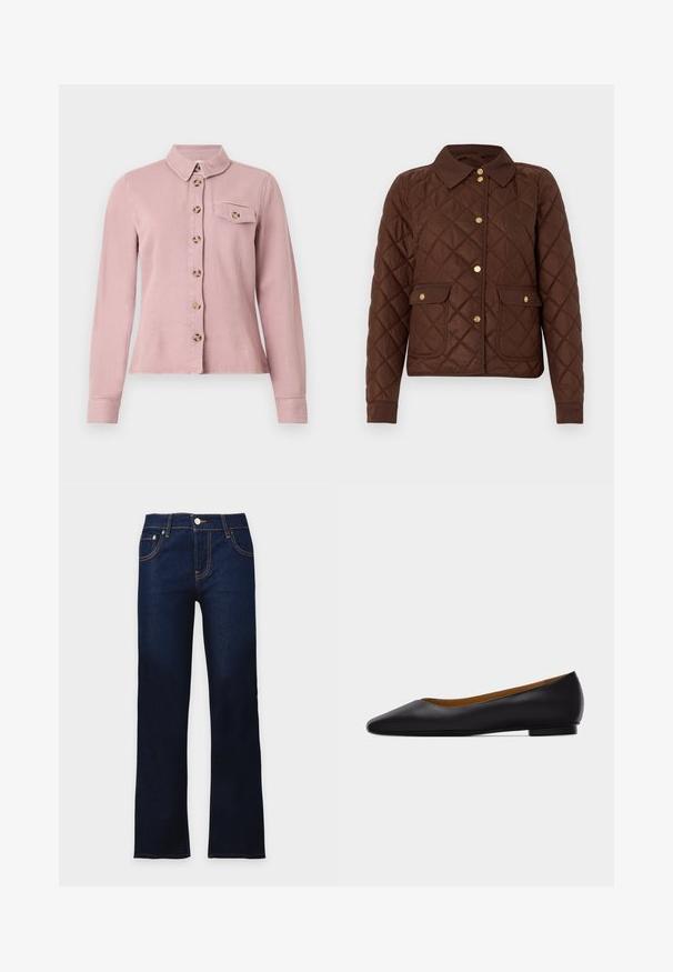 Veste matelassée marron avec motif losange, boutons-pression dorés, col pointu et deux poches avant à rabat avec fermetures à bouton.; Chemise rose clair à manches longues avec des boutons marron sur le devant, rabat de poche poitrine boutonné et petit col sur fond blanc.; Jean en denim bleu foncé avec une coupe droite, fermeture frontale à boutons et détail de coutures orange visibles.; Chaussure plate en cuir noir à bout pointu avec talon bas et finition lisse, vue de côté sur un fond gris clair.