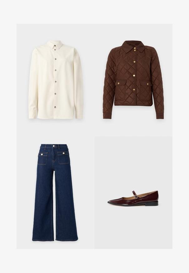 Veste matelassée marron avec motif losange, boutons-pression dorés, col pointu et deux poches avant à rabat avec fermetures à bouton.; Soulland DAMON SHIRT - Chemisier - white; Jeans en denim bleu foncé à jambes larges, taille haute et deux poches avant à rabat avec boutons.; Ballerines en cuir verni bordeaux de type Mary Jane avec un bout pointu, un talon plat et une sangle décorative avec une boucle circulaire.