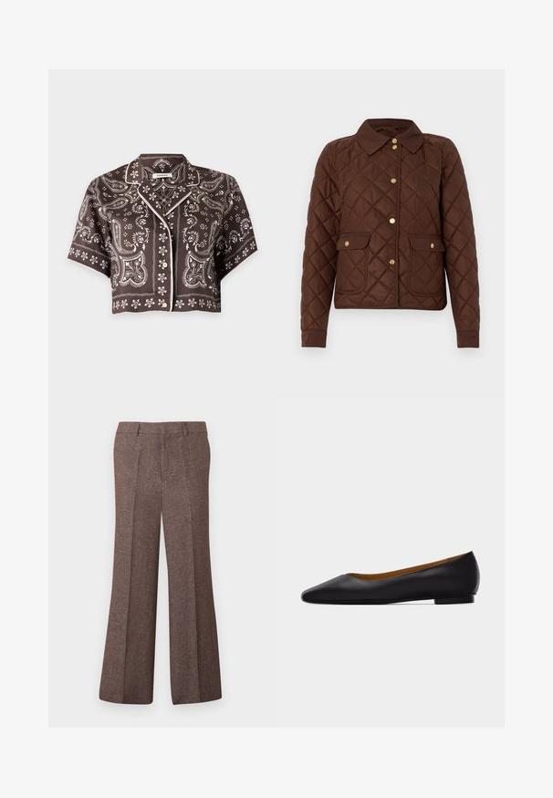 Veste matelassée marron avec motif losange, boutons-pression dorés, col pointu et deux poches avant à rabat avec fermetures à bouton.; Chemise courte à manches courtes boutonnée, avec motifs cachemire et floraux marron, passepoil blanc le long du col et à l'avant.; Pantalon marron taille haute à jambes larges, avec plis à l'avant, passants pour ceinture et tissu texturé.; Chaussure plate en cuir noir à bout pointu avec talon bas et finition lisse, vue de côté sur un fond gris clair.
