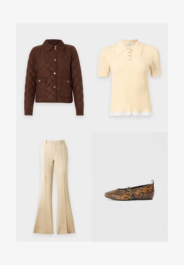 Veste matelassée marron avec motif losange, boutons-pression dorés, col pointu et deux poches avant à rabat avec fermetures à bouton.; Polo en maille côtelée à manches courtes de couleur jaune pâle avec quatre boutons et bordure en dentelle blanche à l'ourlet.; Pantalons évasés beiges en tissu lisse, avec des plis devant, une taille haute et une silhouette épurée et ajustée.; Ballerine en simili motif peau de serpent avec des nuances de brun et de noir. Dotée d'une bride noire et d’un détail en métal doré. Texture lisse.