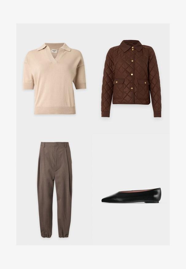 Veste matelassée marron avec motif losange, boutons-pression dorés, col pointu et deux poches avant à rabat avec fermetures à bouton.; Pull en maille beige à manches courtes avec ourlet et poignets côtelés, col ouvert et encolure en V.; Pantalon marron sur mesure avec plis, passants pour ceinture et poignets élastiqués, présenté sur fond blanc.; Chaussure plate en cuir noir pour femme, avec bout pointu et petit talon, vue de côté sur un fond gris clair uni.