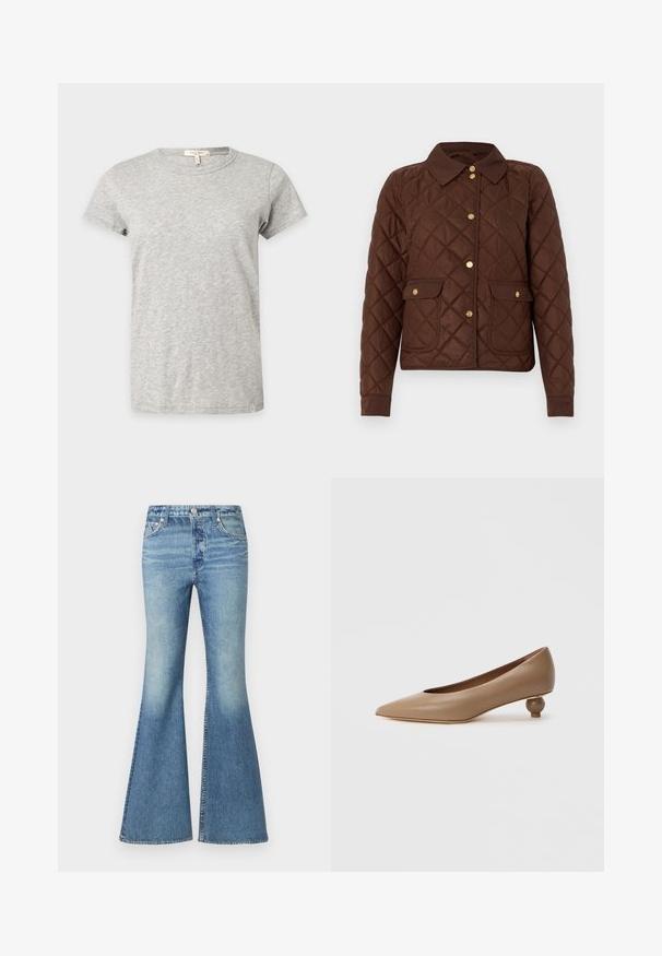 Veste matelassée marron avec motif losange, boutons-pression dorés, col pointu et deux poches avant à rabat avec fermetures à bouton.; T-shirt gris clair à manches courtes et col rond avec un motif chiné subtil affiché sur un fond uni.; Jean flare bleu clair en tissu denim doux, avec une taille haute, un effet délavé autour des cuisses et un design classique à cinq poches avec des éléments métalliques.; Escarpin à bout pointu en cuir lisse marron clair. Caractérisé par un talon bas arrondi de forme sphérique. Design minimaliste, sans ornements visibles.