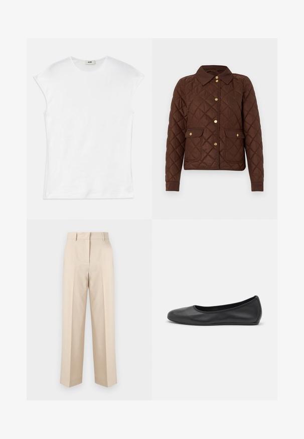 Veste matelassée marron avec motif losange, boutons-pression dorés, col pointu et deux poches avant à rabat avec fermetures à bouton.; T-shirt blanc à manches courtes en coton. Doté d'un col rond et d'une texture lisse et douce avec une coupe décontractée. Aucun motif ni accent.; Pantalon beige taille haute, coupe ajustée, avec passants de ceinture et jambes droites, présenté sur un fond blanc uni.; Ballerines en cuir noir avec un bout rond, texture lisse, détails de couture minimalistes et design de semelle flexible.