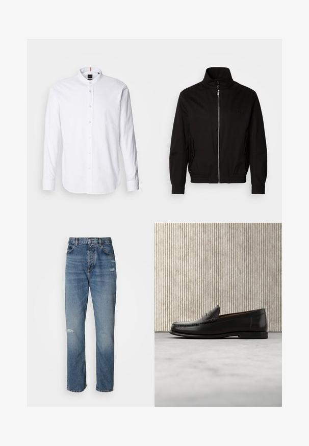 Veste noire avec un col haut, fermeture à glissière à l'avant, poches latérales, poignets élastiques et une taille ajustée. Présente un logo subtil sur la poitrine.; Chemise blanche à manches longues avec col bande, boutonnière à l'avant et ourlet arrondi. Fabriquée en coton, elle présente une texture lisse et un léger éclat.; Jean en denim bleu clair au design droit, avec une fermeture à bouton et zip, cinq poches et des détails usés près des genoux.; Mocassin penny en cuir noir avec talon bas, bout arrondi et détails cousus à l'avant et sur les côtés, présenté sur un fond neutre.