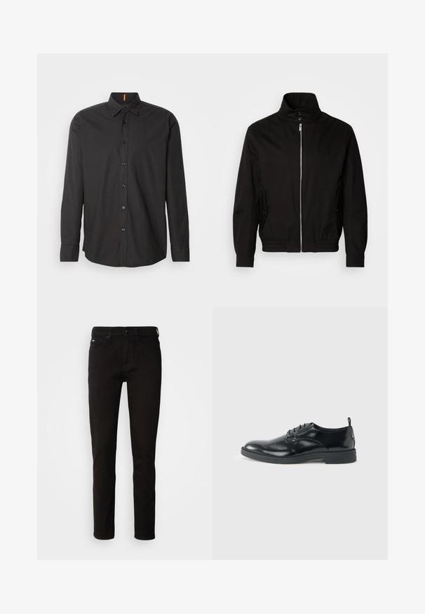 Veste noire avec un col haut, fermeture à glissière à l'avant, poches latérales, poignets élastiques et une taille ajustée. Présente un logo subtil sur la poitrine.; Chemise noire à manches longues en tissu léger. Elle dispose d'un col boutonné, de boutons à l'avant et d'un logo brodé sur la poitrine.; Jeans en denim noir avec une coupe droite, une fermeture éclair et un design à cinq poches. Le tissu a une texture lisse sans motifs visibles.; Chaussure habillée en cuir noir brillant avec un petit talon, fermeture à lacets et bout rond, vue de côté sur un fond uni et clair.
