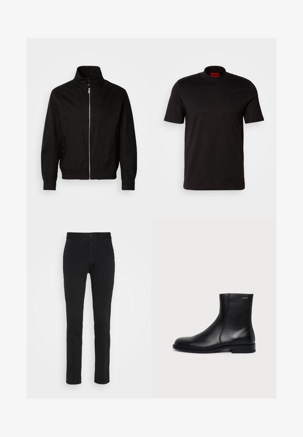Schwarze Jacke mit hohem Kragen, Reißverschluss auf der Vorderseite, seitlichen Taschen, elastischen Bündchen und tailliertem Bund. Mit einem dezenten Logo auf der Brust.; Schwarzes T-Shirt mit kurzen Ärmeln und hohem Kragen. Hergestellt aus glattem Stoff. Verfügt über ein rotes Markenlabel am inneren Kragen.; Schwarze Baumwoll-Chinos mit schmaler Passform, ausgestattet mit einem normalen Bund, seitlichen Taschen und einer Gesäßtasche. Glatte Textur und minimalistische Gestaltung.; Schwarzer Leder-Knöchelstiefel mit niedrigem Absatz, seitlicher Naht und kleinem "HUGO" Logo am oberen Schaft vor einfarbigem Hintergrund.