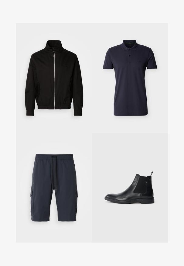 Schwarze Jacke mit hohem Kragen, Reißverschluss auf der Vorderseite, seitlichen Taschen, elastischen Bündchen und tailliertem Bund. Mit einem dezenten Logo auf der Brust.; Marineblaues Polohemd mit kurzen Ärmeln, Kragen, Zweiknopfleiste, dezentem Logo auf der linken Brust und geradem Saum.; Marinefarbene Cargo-Shorts mit elastischem Bund, Kordelzug vorne, Seitentaschen und glatter Textur. Strapazierfähiger Stoff, der sich gut für die Freizeitkleidung eignet.; Schwarze Leder Chelsea-Boots mit elastischen seitlichen Einsätzen, einer Zugschlaufe und einer flachen Gummisohle. Glatte Textur mit minimaler Ausgestaltung.