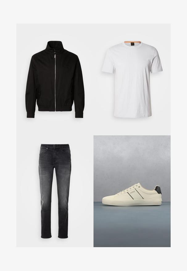 Veste noire avec un col haut, fermeture à glissière à l'avant, poches latérales, poignets élastiques et une taille ajustée. Présente un logo subtil sur la poitrine.; T-shirt blanc à manches courtes en coton doux, avec un col rond et un subtil détail de logo assorti en blanc sur le devant.; Jeans en denim noir avec une coupe droite. Comprend une fermeture à bouton et à zip, cinq poches et un léger délavage sur le tissu.; Baskets de couleur crème avec une texture lisse, dotées d'accents et de marquage noirs. Design classique à lacets avec un bout rond et une semelle en caoutchouc.