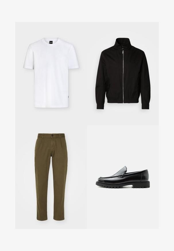 Schwarze Jacke mit hohem Kragen, Reißverschluss auf der Vorderseite, seitlichen Taschen, elastischen Bündchen und tailliertem Bund. Mit einem dezenten Logo auf der Brust.; Schlichtes weißes T-Shirt mit kurzen Ärmeln und Rundhalsausschnitt, mit einem kleinen schwarzen Markenetikett am Kragen und dezenter Stoffstruktur.; Olivengrüne Baumwollhose mit geradem Schnitt, ausgestattet mit einem Vorderknopfverschluss, Gürtelschlaufen und seitlichen Taschen. Glatte Textur.; Schwarzer Lederloafer mit grober Gummisohle, genähter Oberseite und geprägtem Markennamen an der Ferse, seitlich auf weißem Hintergrund gezeigt.
