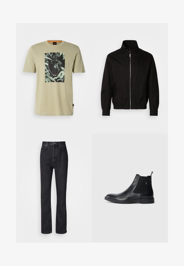 Chaqueta negra con cuello alto, cierre frontal de cremallera, bolsillos laterales, puños elásticos y una cintura ajustada. Presenta un logotipo sutil en el pecho.; Camiseta verde oliva de algodón, con un gráfico de pantera negra rodeado de follaje. Logo de la marca presente en el diseño.; Jeans de mezclilla negros de cintura alta con cierre de botón y cremallera, bolsillos frontales y traseros, y corte recto.; Botines Chelsea de cuero negro con paneles elásticos laterales, una pestaña para tirar y una suela de goma plana. Textura suave con un detalle mínimo.