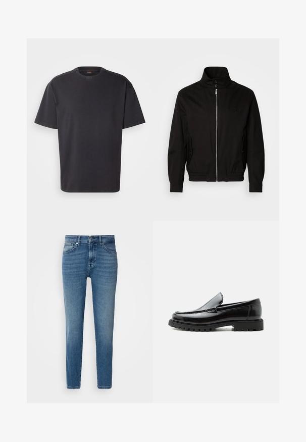 Schwarze Jacke mit hohem Kragen, Reißverschluss auf der Vorderseite, seitlichen Taschen, elastischen Bündchen und tailliertem Bund. Mit einem dezenten Logo auf der Brust.; Schwarzes T-Shirt mit kurzen Ärmeln aus Baumwolle, mit rundem Halsausschnitt und dezentem Branding am Kragen. Weiche Textur mit lässiger Passform.; Helle blaue Denim-Jeans mit geradem Schnitt, traditionellem Fünf-Taschen-Design, Metallknopfverschluss und dezentem Verblassen an der Vorderseite.; Schwarzer Lederloafer mit grober Gummisohle, genähter Oberseite und geprägtem Markennamen an der Ferse, seitlich auf weißem Hintergrund gezeigt.