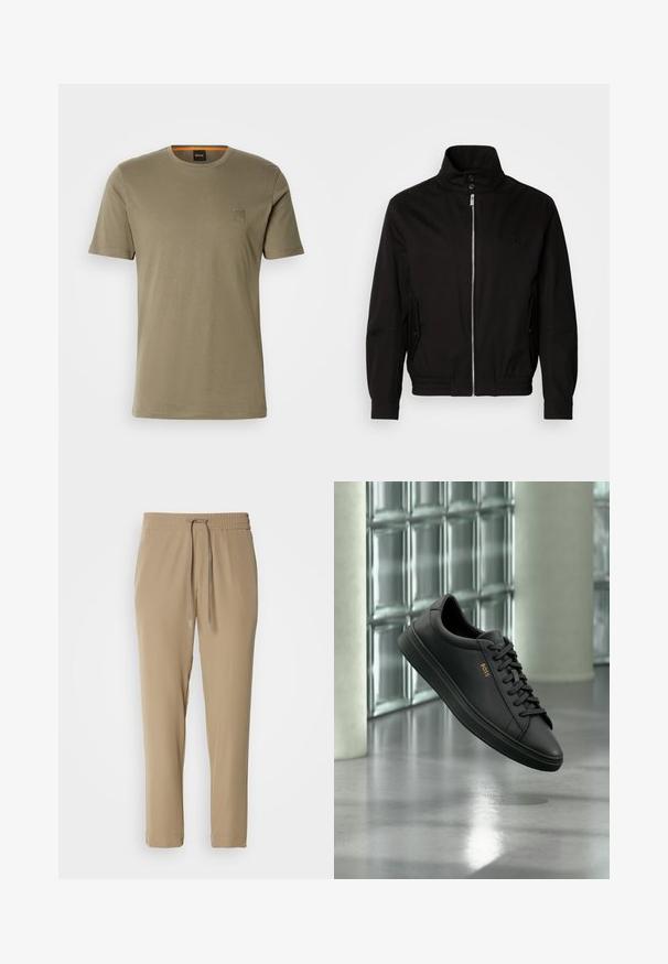 Schwarze Jacke mit hohem Kragen, Reißverschluss auf der Vorderseite, seitlichen Taschen, elastischen Bündchen und tailliertem Bund. Mit einem dezenten Logo auf der Brust.; Olivegrünes Kurzarm-T-Shirt aus Baumwolle mit Rundhalsausschnitt und einem kleinen quadratischen Logopatch auf der linken Brust. Glatte Textur.; Beige Jogginghosen mit einem elastischen Bund und Kordelzug. Sie haben ein tailliertes Design und bündchenförmige Säume, gefertigt aus leichtem Material.; Schwarzer flacher Ledersneaker mit schwarzen Schnürsenkeln und goldenem BOSS-Logo an der Seite, schwebend über einem glänzenden grauen Boden in einem modernen Innenraum.