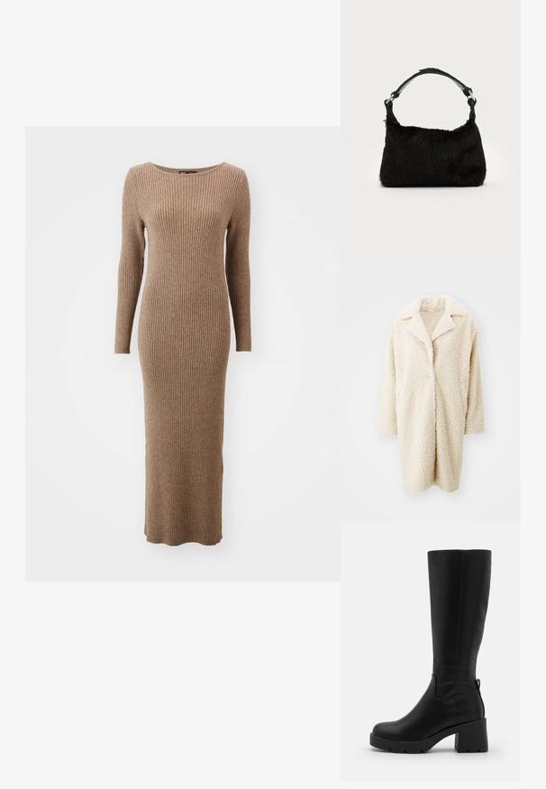 Manteau en fausse fourrure crème, duveteux, avec un grand col, une ouverture à l'avant et des manches trois-quarts. Il possède deux poches latérales et une coupe décontractée.; Robe à manches longues en maille côtelée de couleur marron chaud, dotée d'un col rond et d'un design ajusté qui descend jusqu'aux chevilles.; Even&Odd by Zalando Bottes à plateau - black; Sac à main en fausse fourrure noire avec une texture douce, une forme arrondie et une bandoulière en cuir noir robuste. Accent en métal argenté visible.