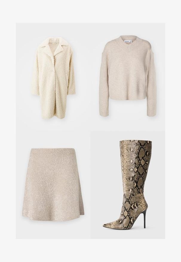 Crème-kleurige, donzige nepbontjas met een grote kraag, open voorkant en driekwartmouwen. Heeft twee zijzakken en een ontspannen pasvorm.; Weekday REESE V NECK - Trui - light mole; Beige mini-jurk gemaakt van zachte, gestructureerde stof met een lichte glans. Heeft een elastische tailleband en een uitlopende vorm.; Kniehoge stiletto laars met spitse neus en een beige-zwarte slangenleren patroon, weergegeven vanaf de zijkant op een effen achtergrond.