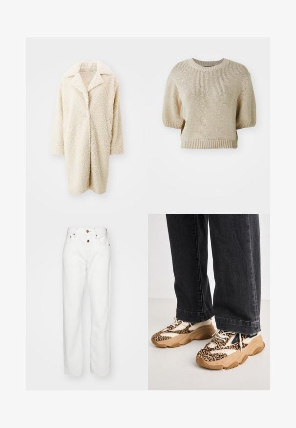 Cremefarvet, fluffy faux fur frakke med en stor krave, åben front og trekvartærmer. Den har to sidelommer og en afslappet pasform.; Beige strikket kortærmet sweater med rund hals. Har en struktureret pasform med tekstureret, løst væv og ribbede kanter.; Hvide denimjeans med lige ben design; har en knap- og lynlåslukning, beige syninger og forlommer.; Sneakers med leopardprint og mesh- og læderpaneler, tan-gummisål og kontrasterende sorte accenter. Båret med løstsiddende mørke jeans.