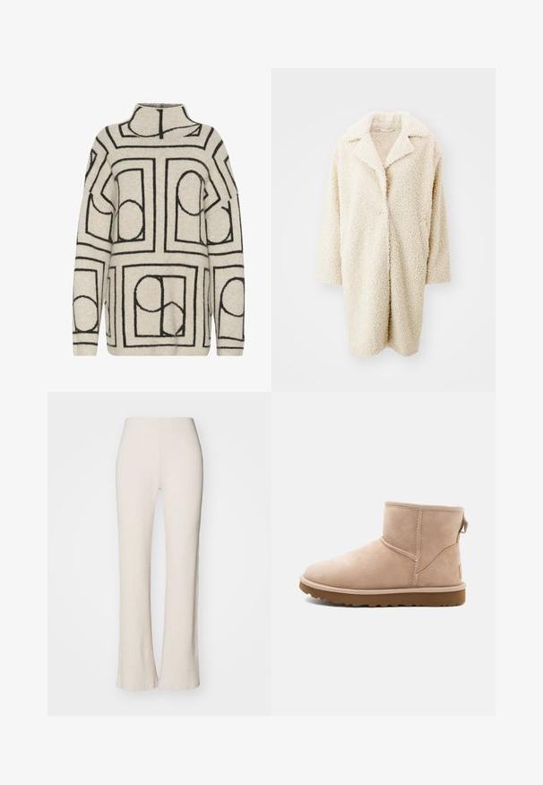Manteau en fausse fourrure crème, duveteux, avec un grand col, une ouverture à l'avant et des manches trois-quarts. Il possède deux poches latérales et une coupe décontractée.; Pull en tricot beige clair avec des motifs géométriques noirs, doté d'un col montant, d'une coupe ample et d'un tissu texturé pour plus de chaleur.; Pantalons tricotés côtelés crème avec une coupe évasée, dotés d'une taille haute et d'une texture lisse. Le tissu semble extensible et doux.; Bottine en daim beige à bout arrondi, avec des accents cousus et une semelle en caoutchouc brun texturé. Elle se distingue par une languette à l'arrière.