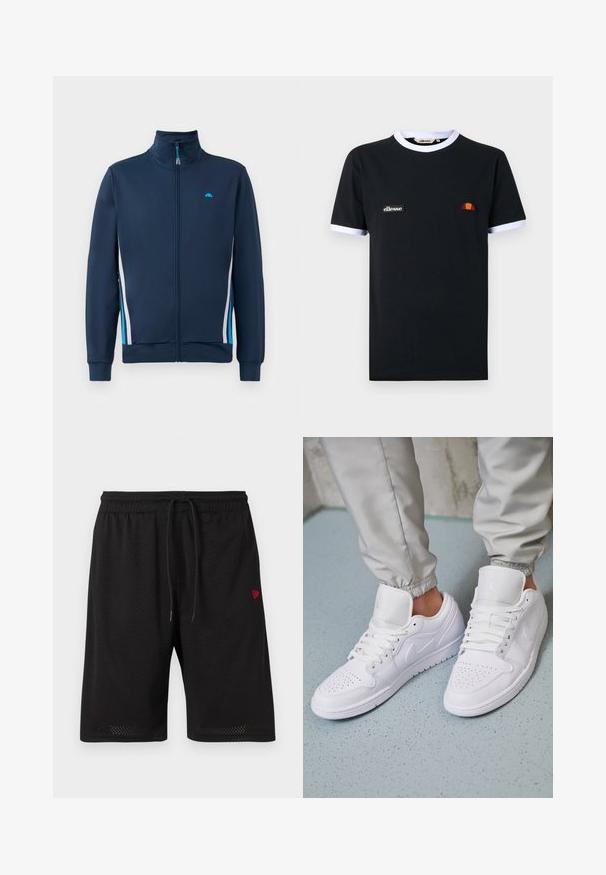 Marine blauwe zip-up jas met hoge kraag, voorzien van witte en lichtblauwe zijstrepen en een klein logo op de borst. Soepele textuur en aangesloten design.; Zwart T-shirt met korte mouwen met witte bies aan de kraag en mouwen, met een klein "ellesse" logo-label en een halfcirkelvormig oranje en rood embleem.; Zwarte mesh shorts met een elastische tailleband, verstelbaar trekkoord en een klein rood logo aan de linkerzijde. Lichtgewicht en ademend materiaal.; Witte leren sneakers met een geperforeerde neus, platte veters, een gepolsterde kraag en het Jordan-logo op de tong. Gediend met grijze joggers.