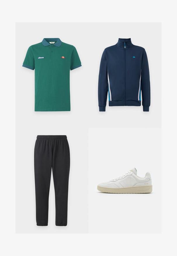 Marine blauwe zip-up jas met hoge kraag, voorzien van witte en lichtblauwe zijstrepen en een klein logo op de borst. Soepele textuur en aangesloten design.; Groene polo shirt van katoen met een contrasterende blauwe kraag en manchetten. Heeft een geborduurd logo en een klein kleurrijk ontwerp op de borst.; Zwarte sportbroek gemaakt van zachte stof, met een elastische tailleband, zijzakken en taps toelopende broekspijpen met geribbelde boorden.; Witte leren sneakers met een gestructureerde afwerking en een gevoerde kraag. Voorzien van een beige rubberen zool en subtiele branding op de hiel en zijkant.