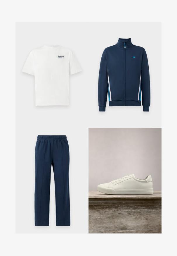 Marineblauer Zip-Jacket mit hohem Kragen, versehen mit weißen und hellblauen Seitenstreifen sowie einem kleinen Logo auf der Brust. Glatte Textur und taillierte Passform.; Weißes Baumwoll-T-Shirt mit einem blauen, gestickten "Timberland Rugged Active Gear"-Logo auf der oberen linken Brust. Kurze Ärmel und Rundhalsausschnitt.; Marineblaue Hosen mit elastischem Bund und entspannter Passform. Mit vertikalen Nähdetails und weichem Baumwollstoff.; Weiße Schnürsneaker, die über einer Holzbank mit grünem Laub im Hintergrund schweben und das Schuhdesign sowie die Textur zeigen.