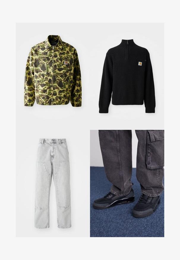 Camouflagejakke lavet af bomuld i grønne og brune nuancer. Har lynlås lukning, krave og sidelommer. Reflekslogo-patch detalje.; Sort ribbet strikket sweater med høj hals, halv lynlås og en lille brystlomme med et logo. Langærmer og struktureret stof.; Lys grå denim bukser med en løs pasform, der har store sidelommer, synlige sømme og et lige ben design. Bæltestropper i taljen.; Sorte sportsko med en struktureret overflade, glatte detaljer og en kraftig sål, der er parret med mørke, løstsiddende cargo-bukser.