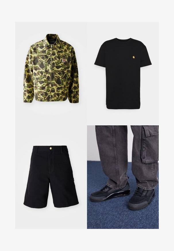 Camouflage jack gemaakt van katoen in groene en bruine tinten. Heeft een ritsluiting, kraag en zijzakken. Reflecterende logopatch als detail.; Zwarte katoenen t-shirt met korte mouwen, ronde hals en een klein geel logo op de linker borst. Eenvoudig ontwerp en normale pasvorm.; Zwarte denim shorts met een knoopsluiting, voorzien van een rechte snit, zijzakken en versterkte stiknaden voor duurzaamheid.; Zwarte sportieve schoenen met een gestructureerd oppervlak, gladde accenten en een chunky zool, gecombineerd met donkere, loszittende cargo pants.