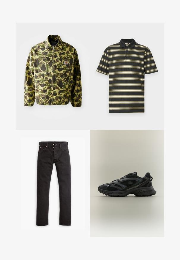 Camouflagejakke lavet af bomuld i grønne og brune nuancer. Har lynlås lukning, krave og sidelommer. Reflekslogo-patch detalje.; Sort polo shirt med vandrette gule og hvide striber, featuring en tre-knaps placket og korte ærmer. Blød tekstur, afslappet design.; Sorte slim-fit jeans med knapåbning, fem lommer og kobbernitter liggende fladt på en hvid baggrund.; Sort atletisk sko med meshpaneler, en tekstureret sål, snørebånd og en buet silhuet med sølvfarvede accenter på siderne.