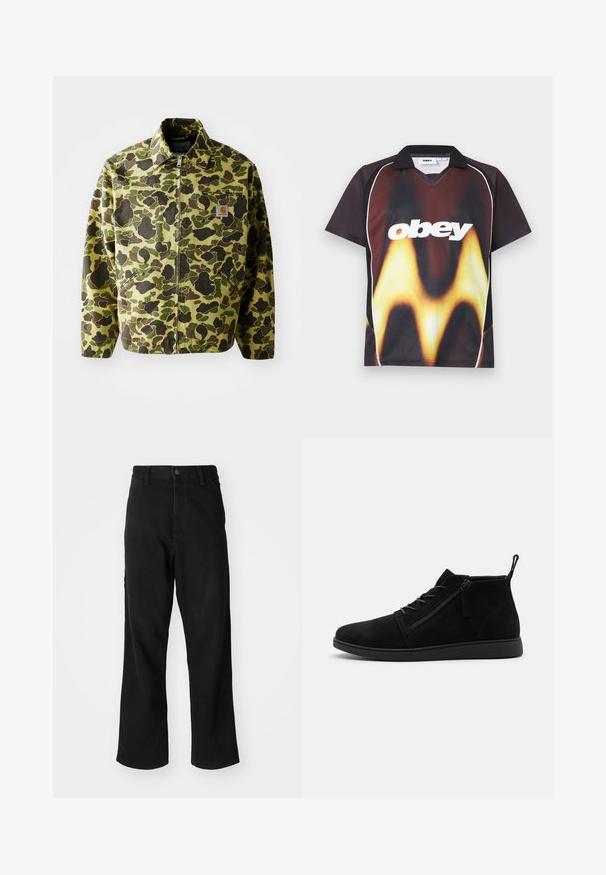 Chaqueta de camuflaje de algodón en tonos verdes y marrones. Presenta un cierre con cremallera, cuello y bolsillos laterales. Detalle de parche reflectante.; Camiseta deportiva de manga corta en negro y marrón con cuello negro, ribete blanco, patrón amarillo con forma de llama y gran texto blanco "obey" en el frente.; Vaqueros negros de pierna recta con cierre de botón, pasadores para cinturón y bolsillos frontales sobre un fondo blanco liso.; Las botas de tobillo de ante negro cuentan con una punta redondeada, cordones frontales y una cremallera lateral. La suela es plana con un acabado texturizado para un mejor agarre.