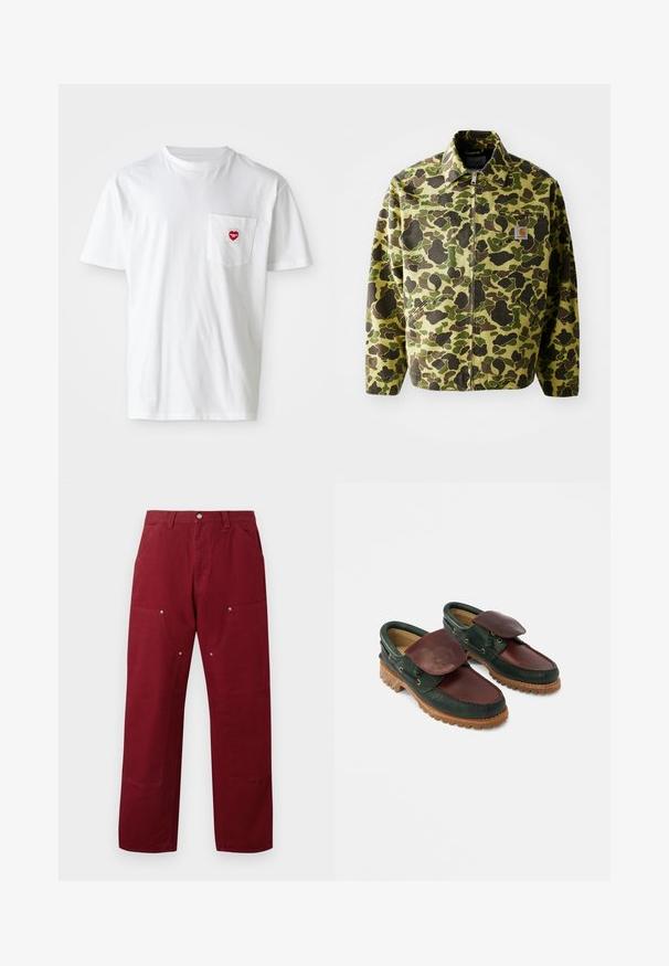 Camouflagejakke lavet af bomuld i grønne og brune nuancer. Har lynlås lukning, krave og sidelommer. Reflekslogo-patch detalje.; Hvid bomulds T-shirt med rund halsudskæring og korte ærmer. Har et lille rødt hjerte-logo på venstre brystlomme.; Bordeaux farvede bomuldsbukser med lige snit, som har to forlommer, sølvhardware og knædetaljer. Glat tekstur, mellem vægt.; Lædersko med en mørkegrøn krop og en burgunderrød top, rund tå, fastgjort klap og tekstureret gummisål med riller.
