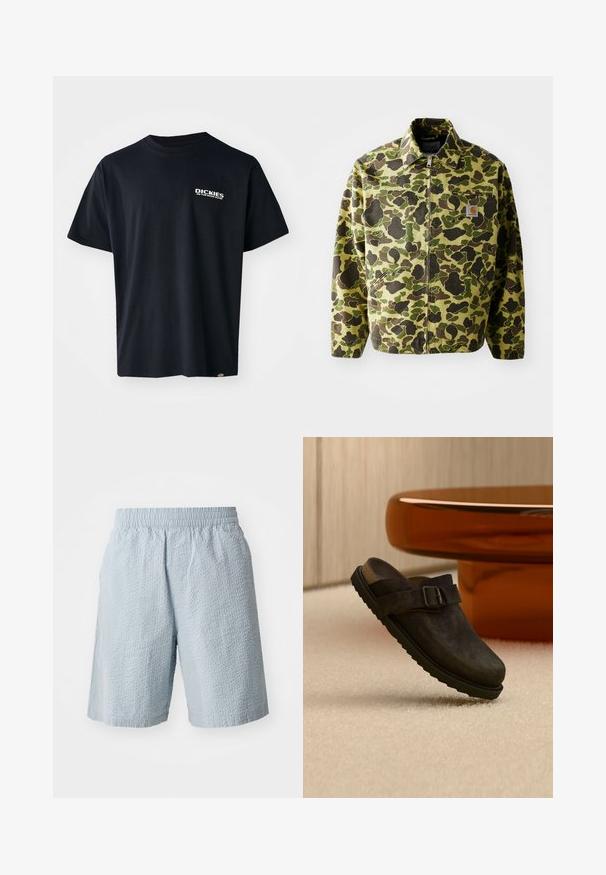 Camouflagejakke lavet af bomuld i grønne og brune nuancer. Har lynlås lukning, krave og sidelommer. Reflekslogo-patch detalje.; Sort kortærmet t-shirt lavet af bomuld, med et hvidt grafisk tekstlogo på venstre bryst, lige snit og et mærke på siden.; Lyseblå shorts med en struktureret stof, elastisk talje og sidelommer. Designet har en løs pasform og en knælængde.; Mørkebrun slip-on sko med spænde og rillede sål, vist på beige tæppe nær rundt, ravfarvet bord.