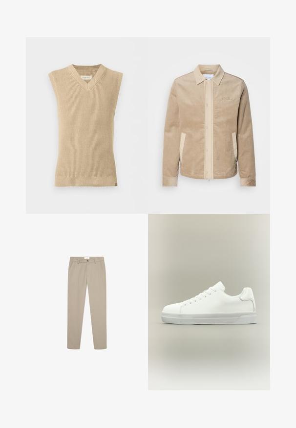 Chaqueta de pana marrón claro con el frente, el cuello y los bolsillos en beige. Presenta un cierre de botón y puños acanalados. Branding sutil en el pecho.; Chaleco de punto beige sin mangas con escote en V y bajo acanalado, mostrado sobre un fondo blanco liso.; Pantalones beige ajustados de tela suave. Presenta bolsillos frontales, un cierre con botón y un diseño recto y elegante.; Zapatilla blanca de corte bajo con cierre de cordones, cuello acolchado y suela de goma texturizada, mostrada de perfil sobre un fondo neutro.