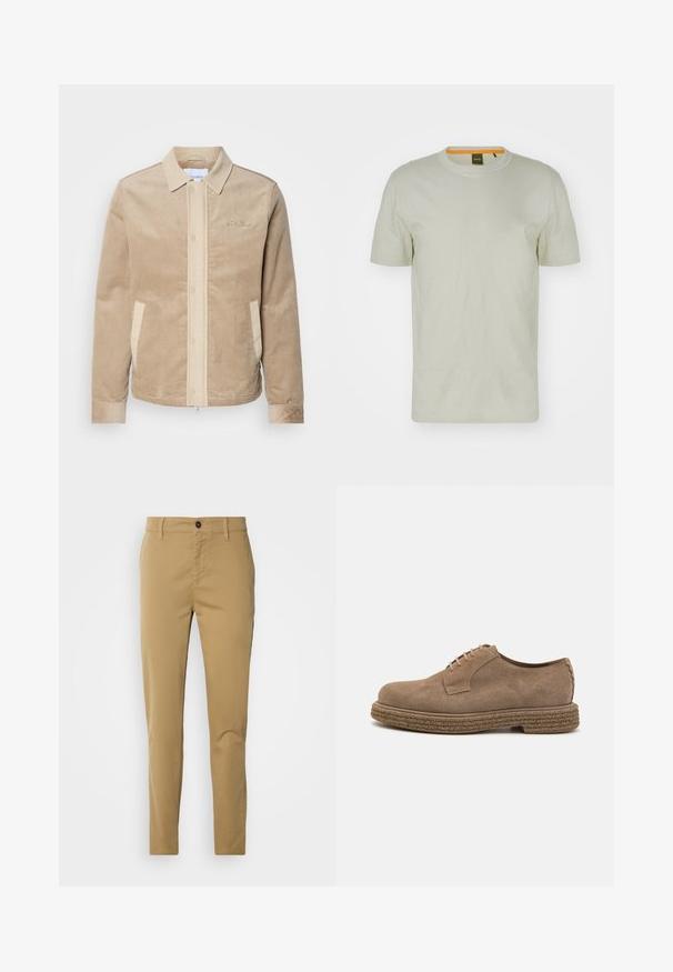 Beige Cordjacke aus Cord mit tanfarbenen Details an der Front, dem Kragen und den Taschen. Verfügt über eine Knopfverschluss und gerippte Bündchen. Subtile Markenkennzeichnung auf der Brust.; Hellgrünes T-Shirt mit kurzen Ärmeln aus weichem Stoff, mit Rundhalsausschnitt und einem dezenten Logo auf der Vorderseite. Einfaches Design mit minimalen Details.; Khakihosen aus Baumwolle. Slim-Fit-Design mit glatter Textur, Fronttaschen und einem einzigen Knopfverschluss an der Taille.; The Antipode DERBY - Schnürer - taupe