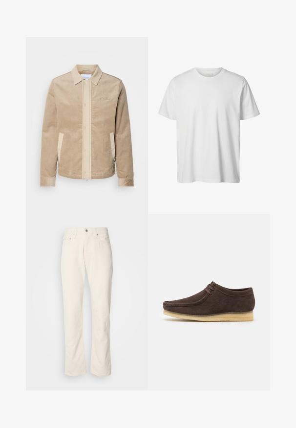 Beige Cordjacke aus Cord mit tanfarbenen Details an der Front, dem Kragen und den Taschen. Verfügt über eine Knopfverschluss und gerippte Bündchen. Subtile Markenkennzeichnung auf der Brust.; Schlichtes weißes T-Shirt mit kurzen Ärmeln und Rundhalsausschnitt, lässiger Passform und ohne sichtbare Logos oder Designs auf der Vorderseite.; Beige Baumwolljeans mit klassischem geradem Bein, ausgestattet mit einem Frontknopfverschluss, fünf Taschen und dezenten Nähdetails.; Braune Wildlederschuhe mit glatter Oberfläche, runder Zehenform und minimalistischem Design. Verfügt über eine hellfarbene Gummisohle und kontrastierende Schnürdetails.