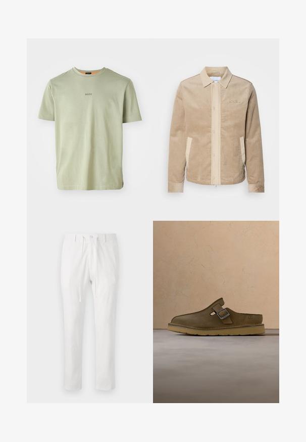 Tan corduroy jas met een beige voorkant, kraag en zakken. Heeft een knoopsluiting en ribgebreide manchetten. Subtiele branding op de borst.; Olijfgroen T-shirt met korte mouwen van zachte stof, met een ronde halslijn en een klein 'BOSS'-logo gedrukt in het midden.; Witte katoenen broek met een elastische tailleband, trekkoord en een knoopsluiting. Rechte pijpen, zachte textuur, geen patronen of accenten.; Oliijfgroene suède instapper met een metalen gesp en dikke beige zool, geplaatst bovenop een beige tapijt vlakbij een ronde houten tafel.