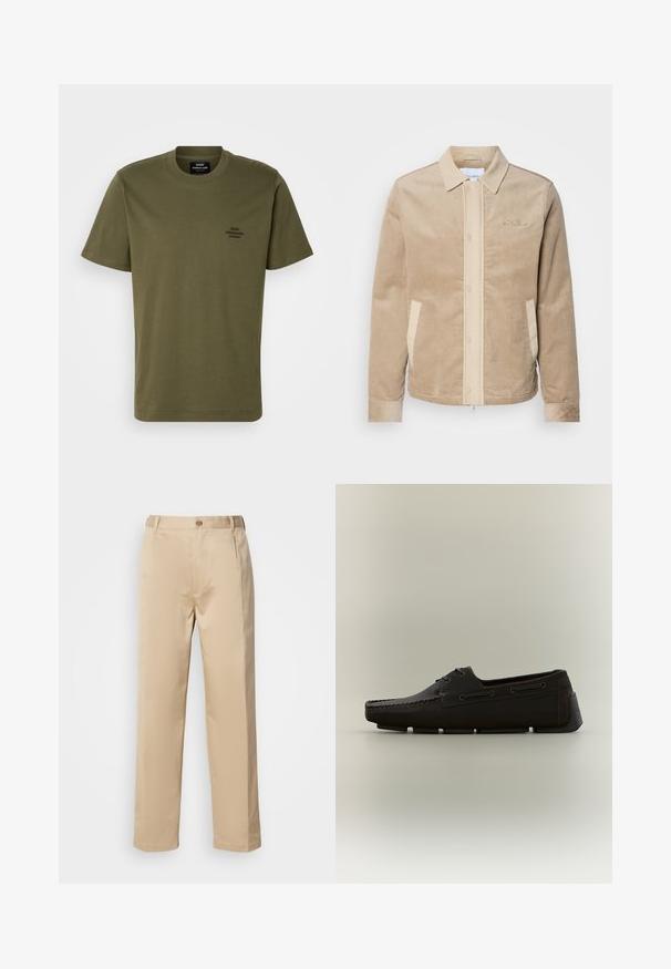 Chaqueta de pana marrón claro con el frente, el cuello y los bolsillos en beige. Presenta un cierre de botón y puños acanalados. Branding sutil en el pecho.; Camiseta de manga corta verde oliva hecha de algodón, con un cuello redondo y un pequeño logotipo bordado en el lado izquierdo del pecho. Textura suave.; Pantalones beige hechos de una tela ligera, con un diseño de pierna recta, cinturilla con trabillas y un solo botón en la parte frontal.; Mocasín para hombre de cuero marrón oscuro con costuras estilo mocasín y suela de goma, mostrado en perfil lateral sobre un fondo neutro.