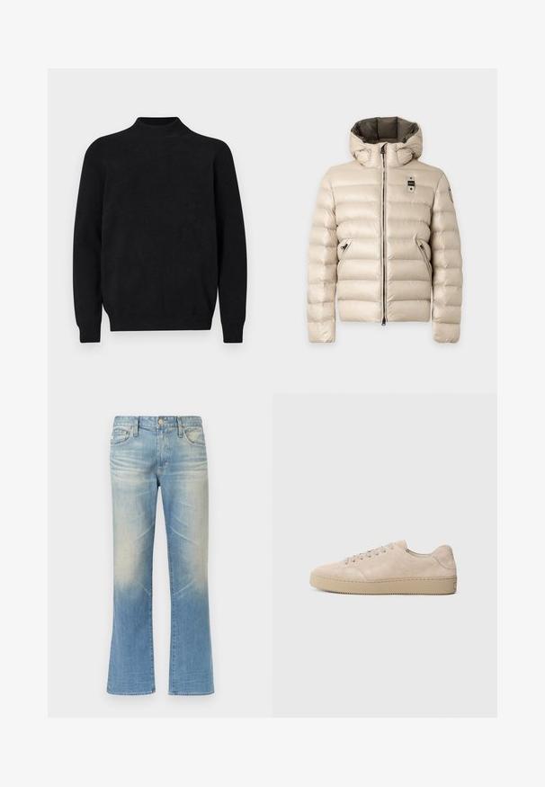 Veste d'hiver beige matelassée avec capuche, fermeture éclair devant, poches latérales zippées et petite étiquette de marque noire et jaune sur la poitrine.; Pull en tricot noir avec un col montant, des manches longues et une texture côtelée. Design simple et uni avec une coupe décontractée et sans motifs visibles.; Jean évasé en denim bleu clair avec une finition délavée, design à cinq poches, fermeture par bouton en métal et ourlets droits.; Baskets en daim beige avec un bout rond, des lacets plats et une semelle en caoutchouc texturé. Design minimaliste avec des bords lisses et des coutures discrètes.
