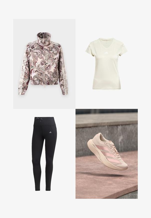 Veste zippée rose clair avec col montant, motif paisley complexe en marrons et gris, et triple bandes blanches le long des manches.; T-shirt de sport à col en V en tissu beige clair, à manches courtes, avec un logo Adidas blanc sur la poitrine et une texture le long de l'encolure.; Leggings noirs avec taille haute, cordon de serrage et poches latérales. Fabriqués à partir d'un tissu lisse avec un accent de logo réfléchissant.; Baskets rose clair avec trois bandes rose foncé et des lacets, suspendues en l'air au-dessus d'une surface en pierre et des marches en arrière-plan.