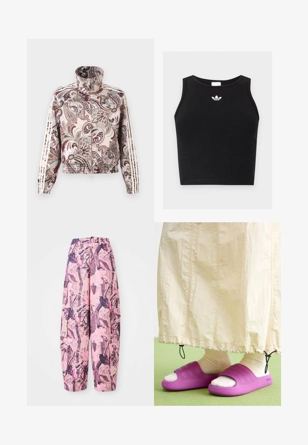 Lyserød jakke med lynlås og høj krave, med detaljeret paisley-mønster i brune og grå nuancer og hvide tredobbeltstriber langs ærmerne.; Sort ribbet ærmeløs crop top med rund halsudskæring og lille hvid Adidas trefoil-logo centreret nær kraven.; Lyserøde og lilla mønstrede vide bukser har et blad- og grenmønster, med høj talje og sidelommer for ekstra funktionalitet.; Lilla gummisandaler med et tekstureret bånddesign, båret over cremefarvede sokker, parret med en lys beige nederdel. Grønne gulv.