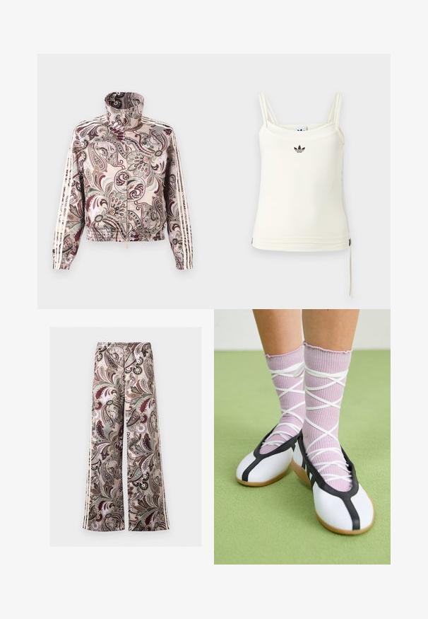 Chaqueta rosa claro con cremallera y cuello alto, con un elaborado estampado de cachemira en tonos marrones y grises, y tres franjas blancas a lo largo de las mangas.; Camiseta sin mangas color crema con tirantes finos; logotipo de Adidas en negro en el pecho. Tela suave con detalle de cordón en el dobladillo. Diseño sencillo.; Pantalones de pierna ancha con cintura elástica, con un elaborado estampado de cachemira en tonos beige, burdeos, gris y negro.; Piernas con calcetines lavanda acanalados con tiras blancas cruzadas combinados con bailarinas blancas con ribete negro sobre un suelo verde.