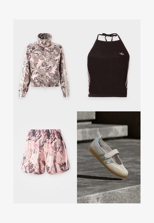 Lyserød jakke med lynlås og høj krave, med detaljeret paisley-mønster i brune og grå nuancer og hvide tredobbeltstriber langs ærmerne.; Sort mesh halter crop top med tekstureret design. Har pink accentstriber og en lille logo foran. Lukning med bånd bagpå.; Lyserøde og brune mønstrede shorts med elastisk talje og sidebånd, der har et grafisk design, der ligner løv og grene.; Beige stofsko med elastisk rem, tekstureret overdel, sølv- og blå detaljer samt en sål i gummi med naturlig farve, vist mod en grå baggrund.